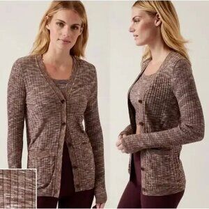 Athleta Revolve Cardigan Sweater Size XXS Mahogany Heather Ribbed Seamless Work